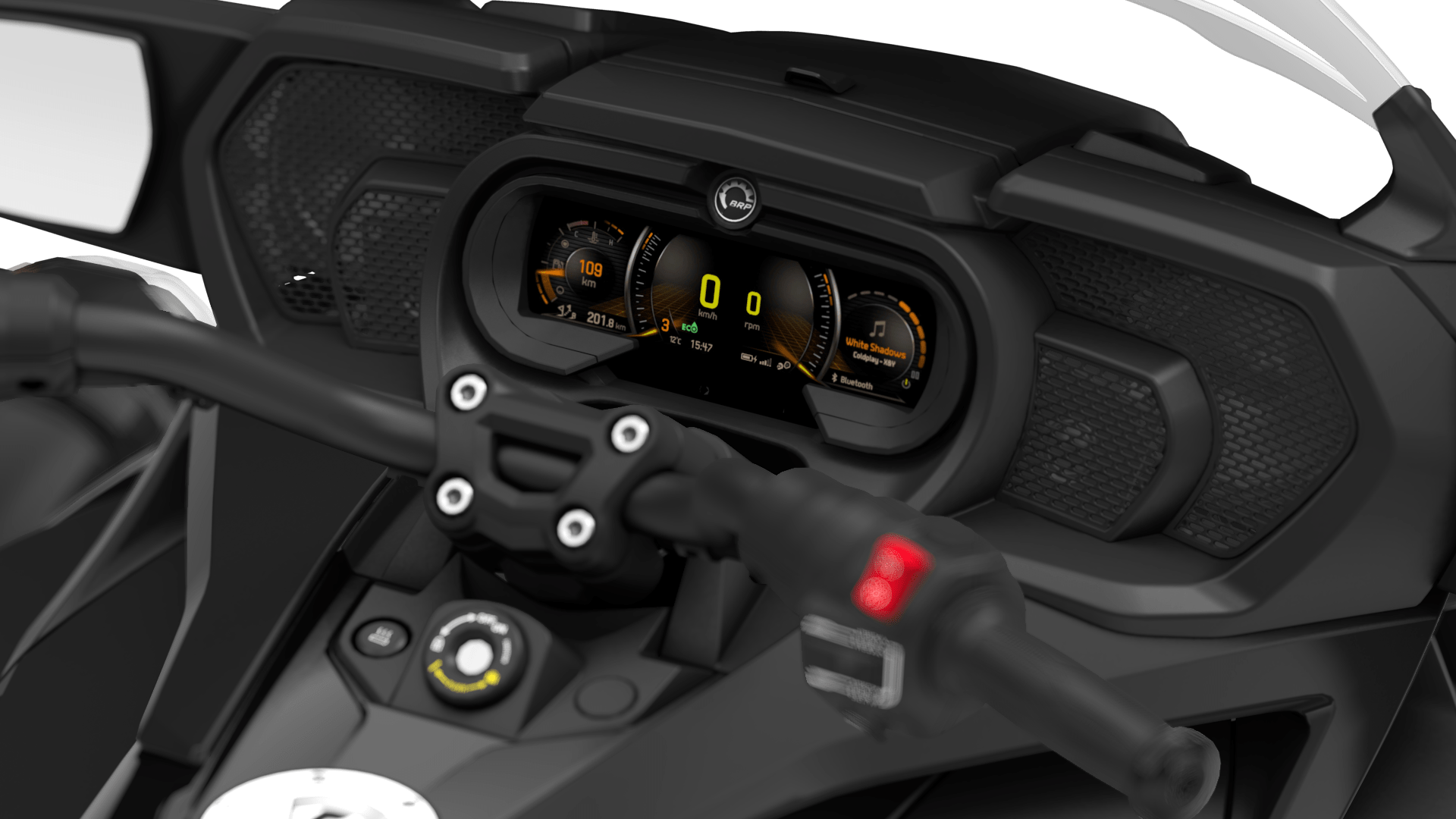 Zicht vanaf de bestuurdersstoel op de console van een Can-Am Spyder Eco-modus Smart Assist geactiveerd.