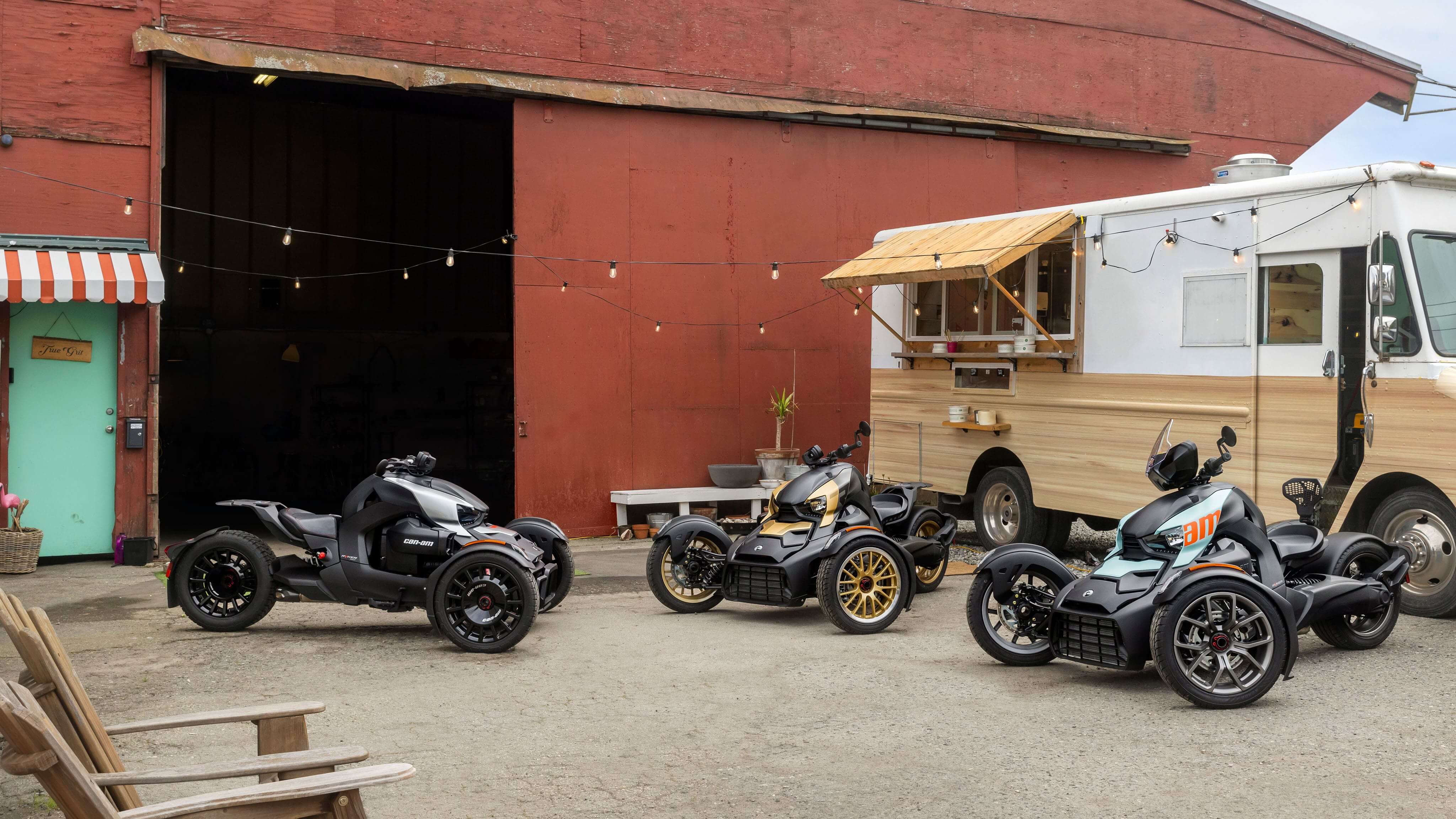 The three different 2023 models of the Can-Am Ryker 3-wheeled vehicles. 