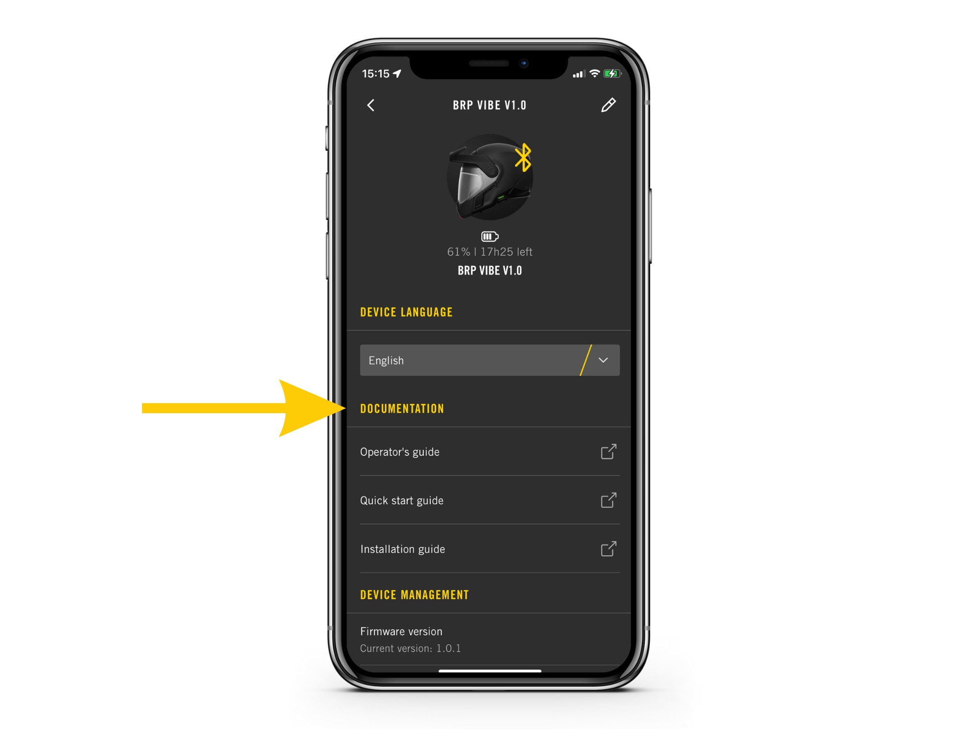 The BRP GO! app showing the Vibe device screen for full support documentation