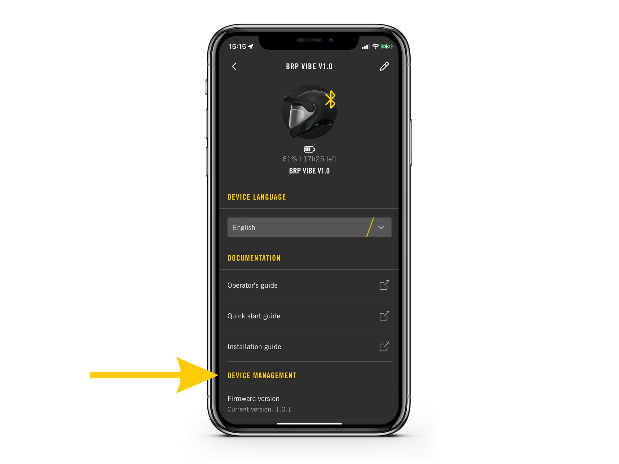 The BRP GO! app showing the Vibe device screen for firmware version