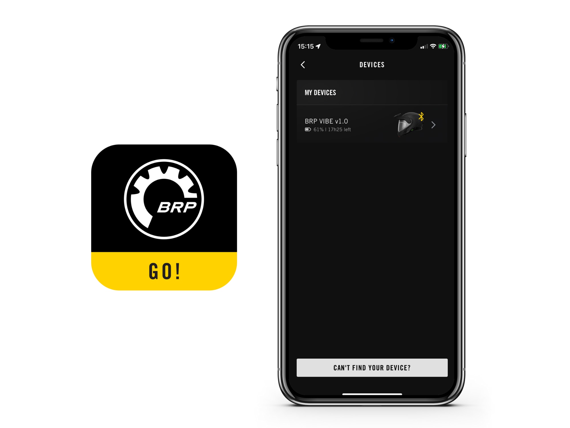 L'application BRP GO ! montre l'écran des dispositifs du système de communication Vibe.