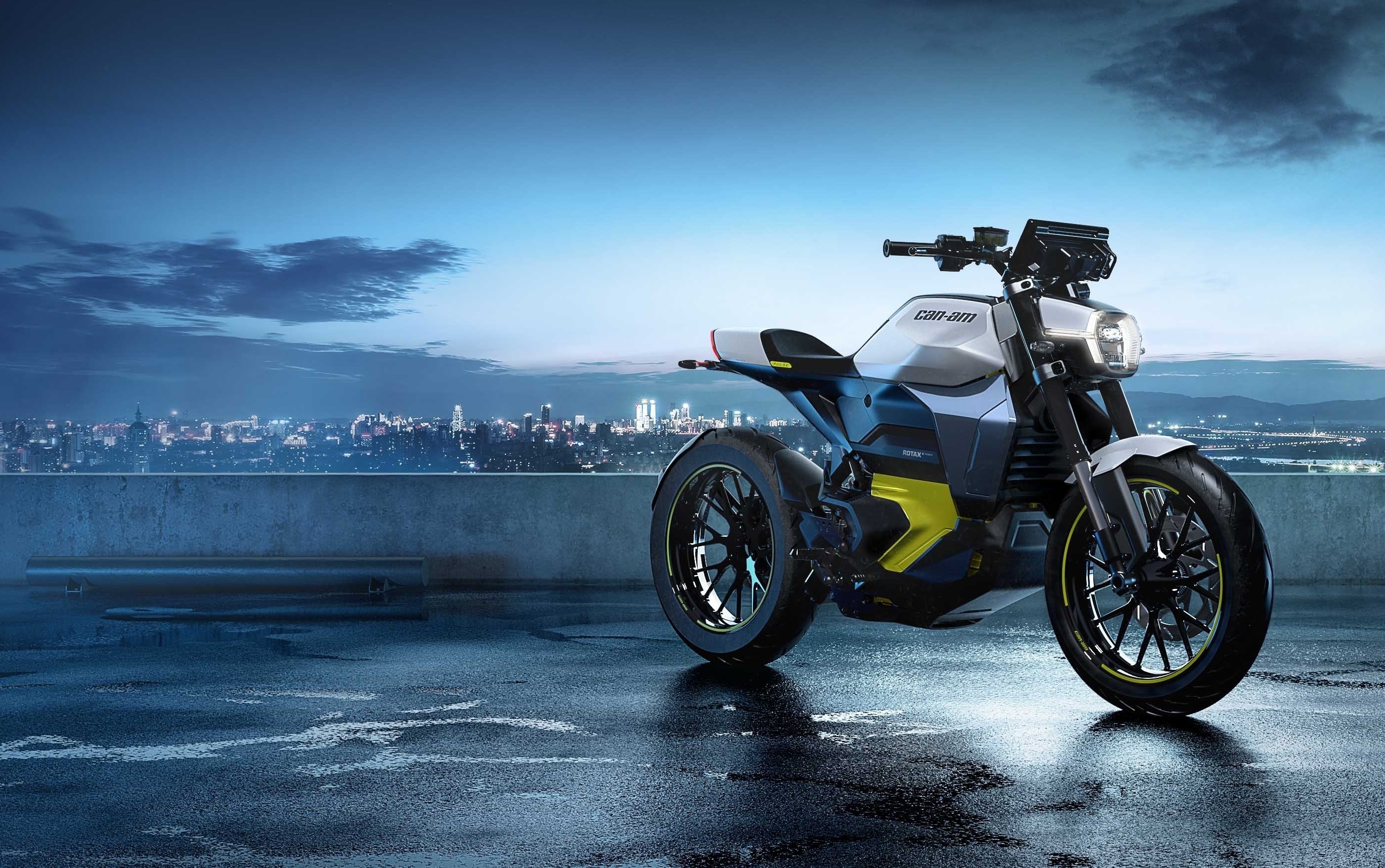 Can-Am Pulse, elektrische motorfiets met een stad op de achtergrond