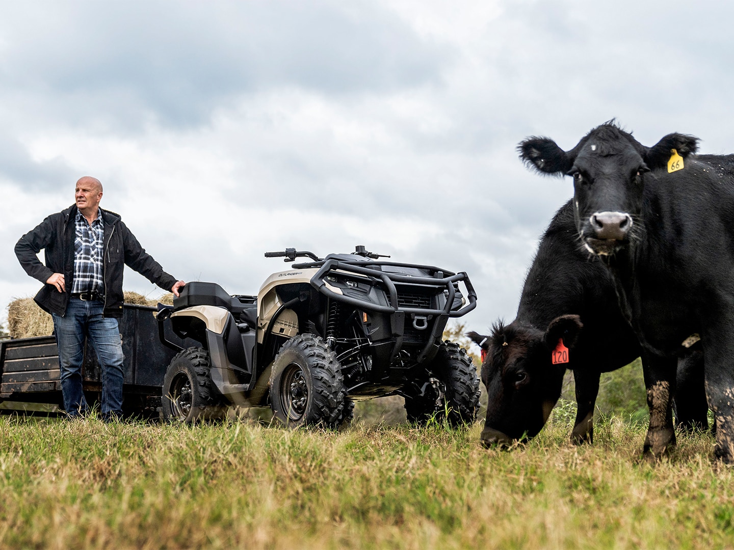 Um piloto ao lado de um quadriciclo Can-Am e uma vaca