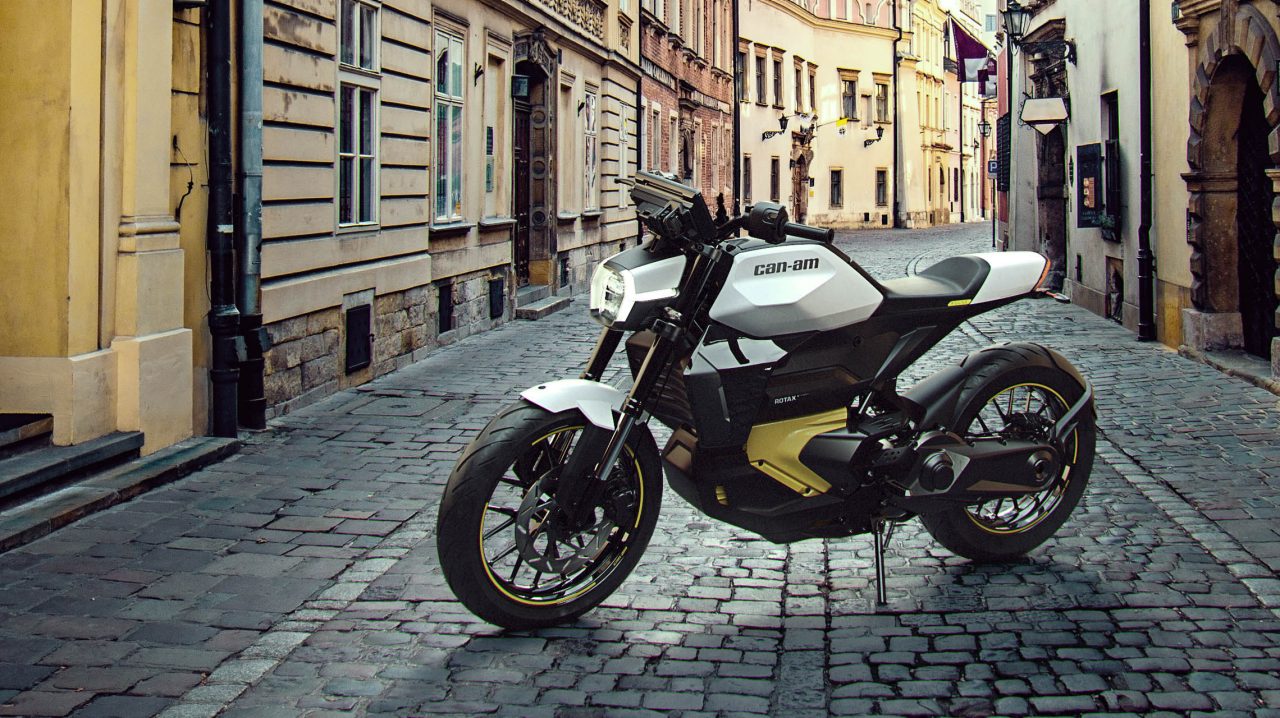 Can-Am Pulse, Electric Motorcycle posing with a city background