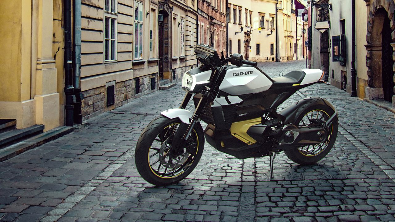 Can-Am Pulse, Electric Motorcycle posing with a city background