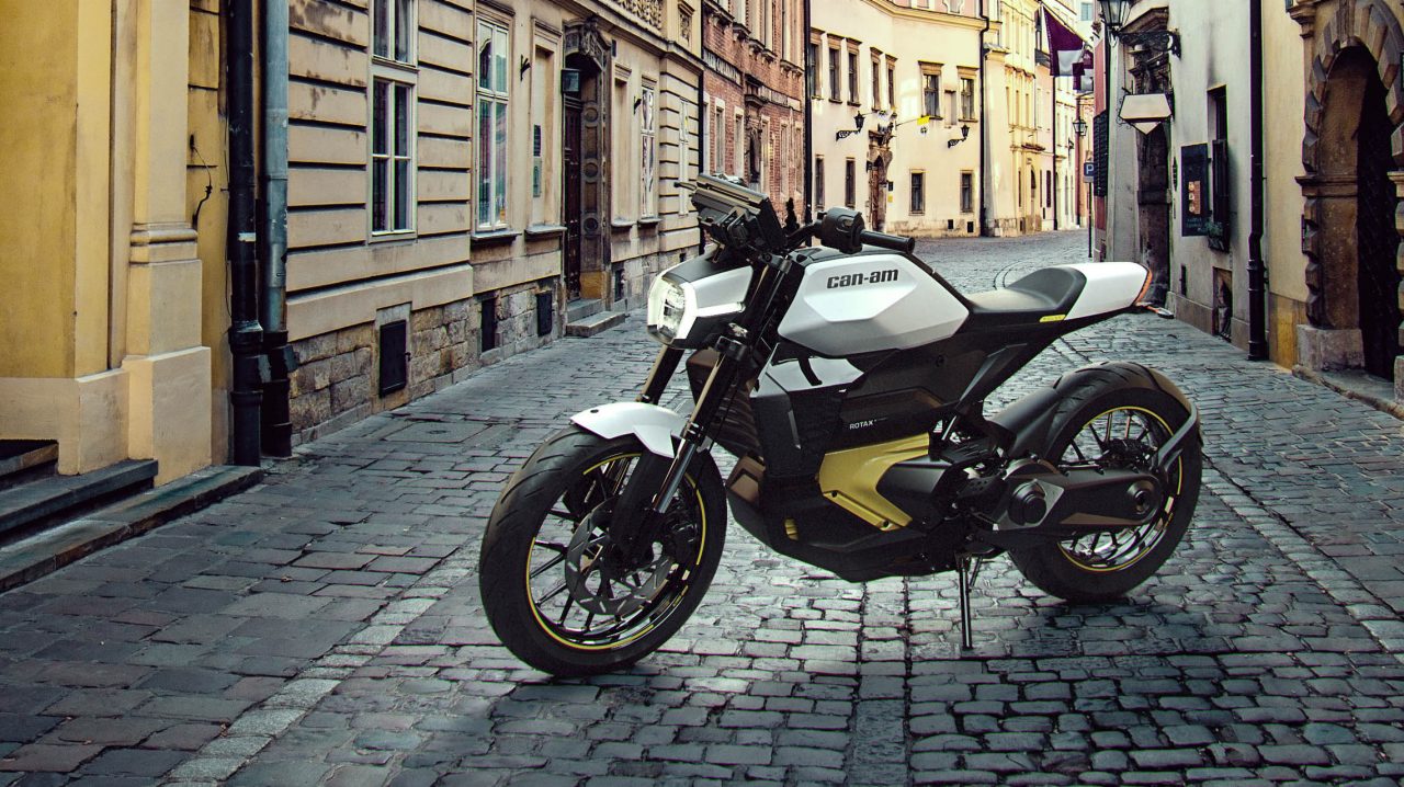 Can-Am Pulse, Electric Motorcycle posing with a city background