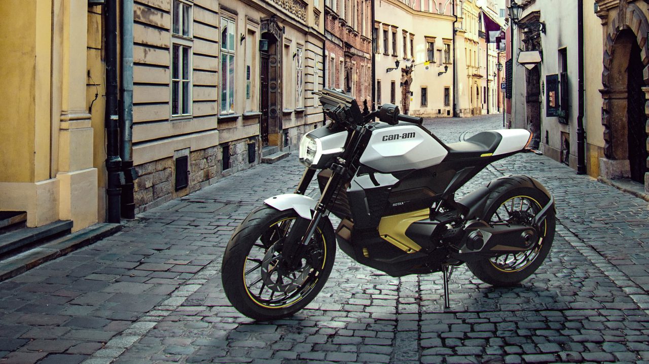 Can-Am Pulse, Electric Motorcycle posing with a city background