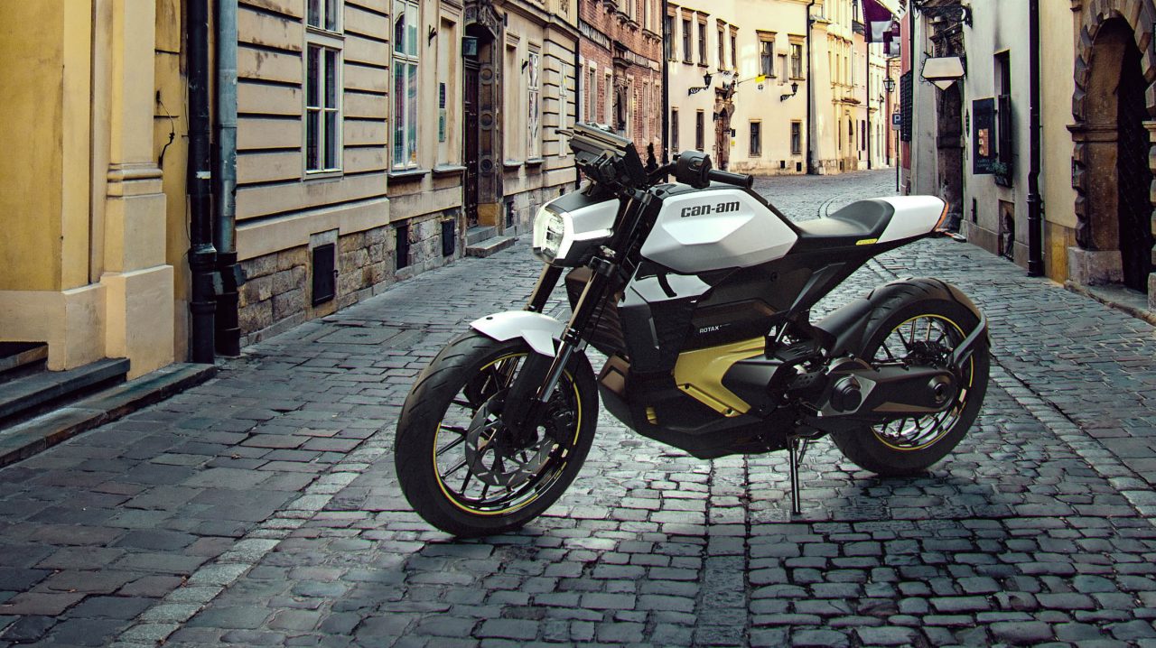 Can-Am Pulse, Electric Motorcycle posing with a city background